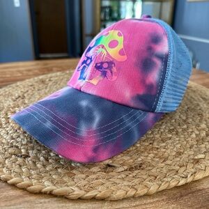 Tie-Dye Trucker Hat with foil mushroom Design